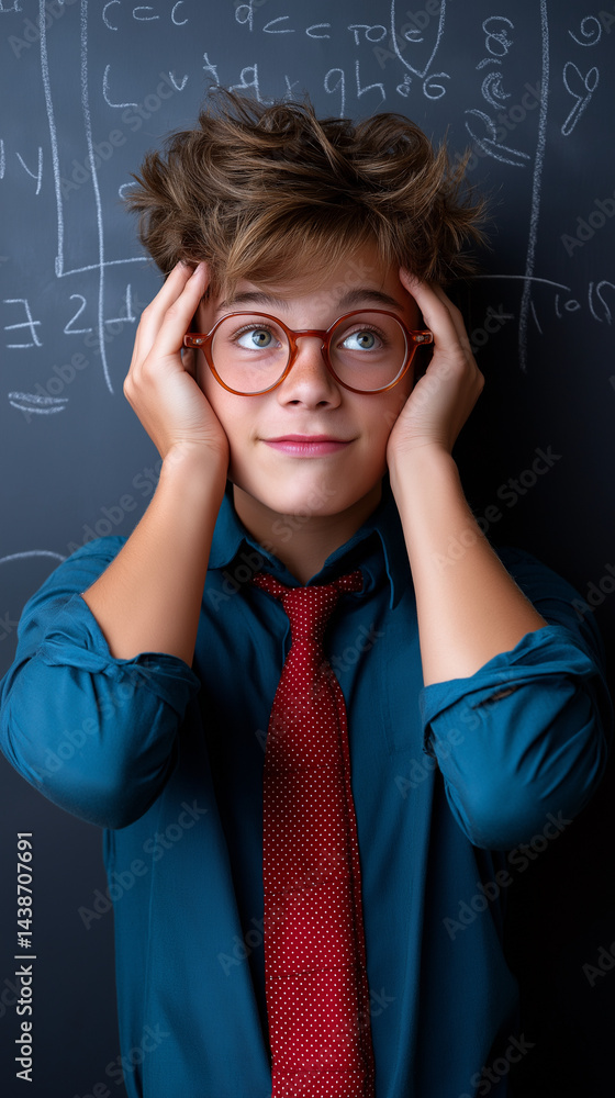 Verzweifelter Junge mit Brille und roter Krawatte vor Schultafel mit mathematischen Formeln