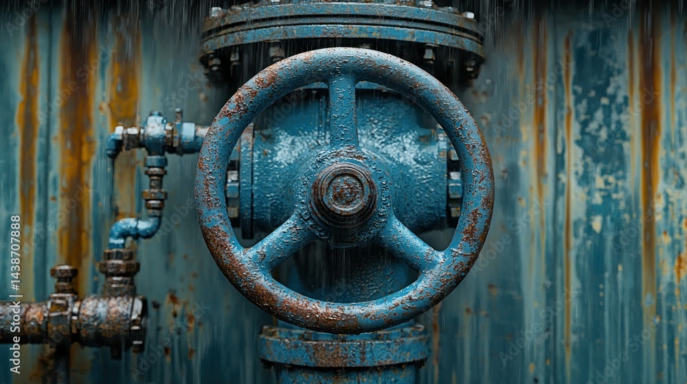 Weathered blue industrial valve mechanism close-up Weathered blue industrial valve mechanism close-up