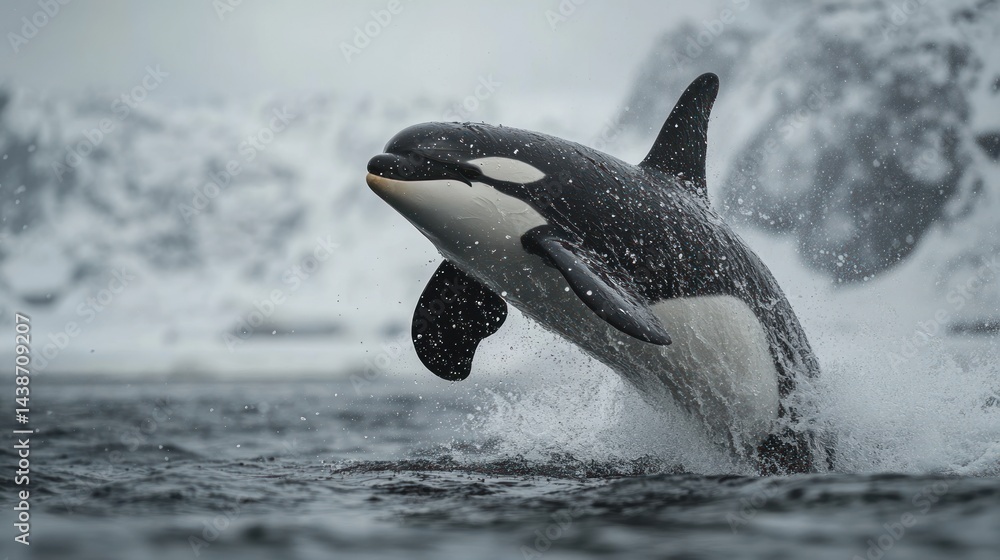 Fototapeta premium Killer whale jumping out of water with icy background.