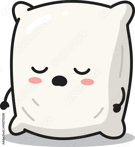 Cute sleeping pillow character with closed eyes and rosy cheeks vector illustration in soft white color 