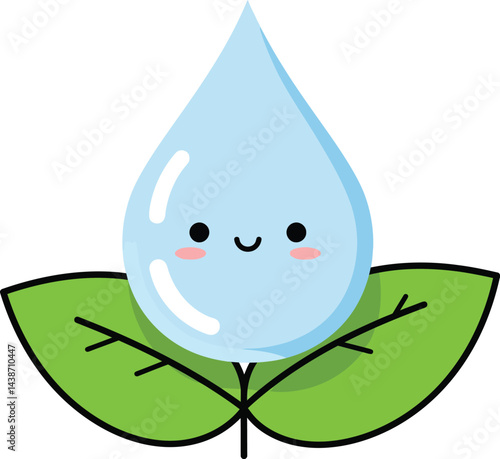 Cute smiling water drop with green leaves vector illustration for nature and environment concept design 