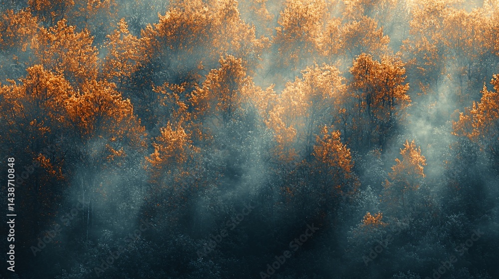 Obraz premium Misty autumn forest sunrise, aerial view. Nature background