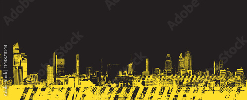 Abstract urban theme. Grunge street art against geometric urban architecture, silhouettes of big city skyscrapers. T-shirt design. No AI used.