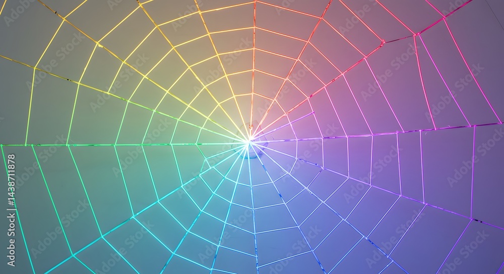 Obraz premium A vibrant spiderweb with rainbow colors radiating from the center against a neutral background