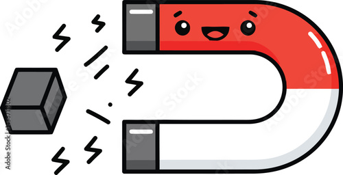 Cartoon style red and white horseshoe magnet attracting metal cube in vector illustration 