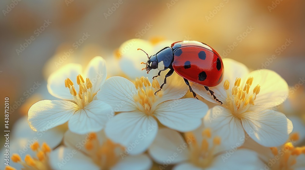Ladybug on white flowers with yellow centers in a blurred background. Ladybug on white flowers with yellow centers in a blurred background.