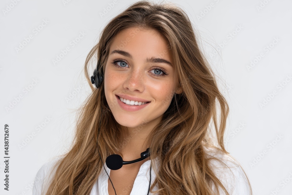 Confident young woman with light brown hair and headset smiling warmly at the viewer in a professional setting Confident young woman with light brown hair and headset smiling warmly at the viewer in a professional setting