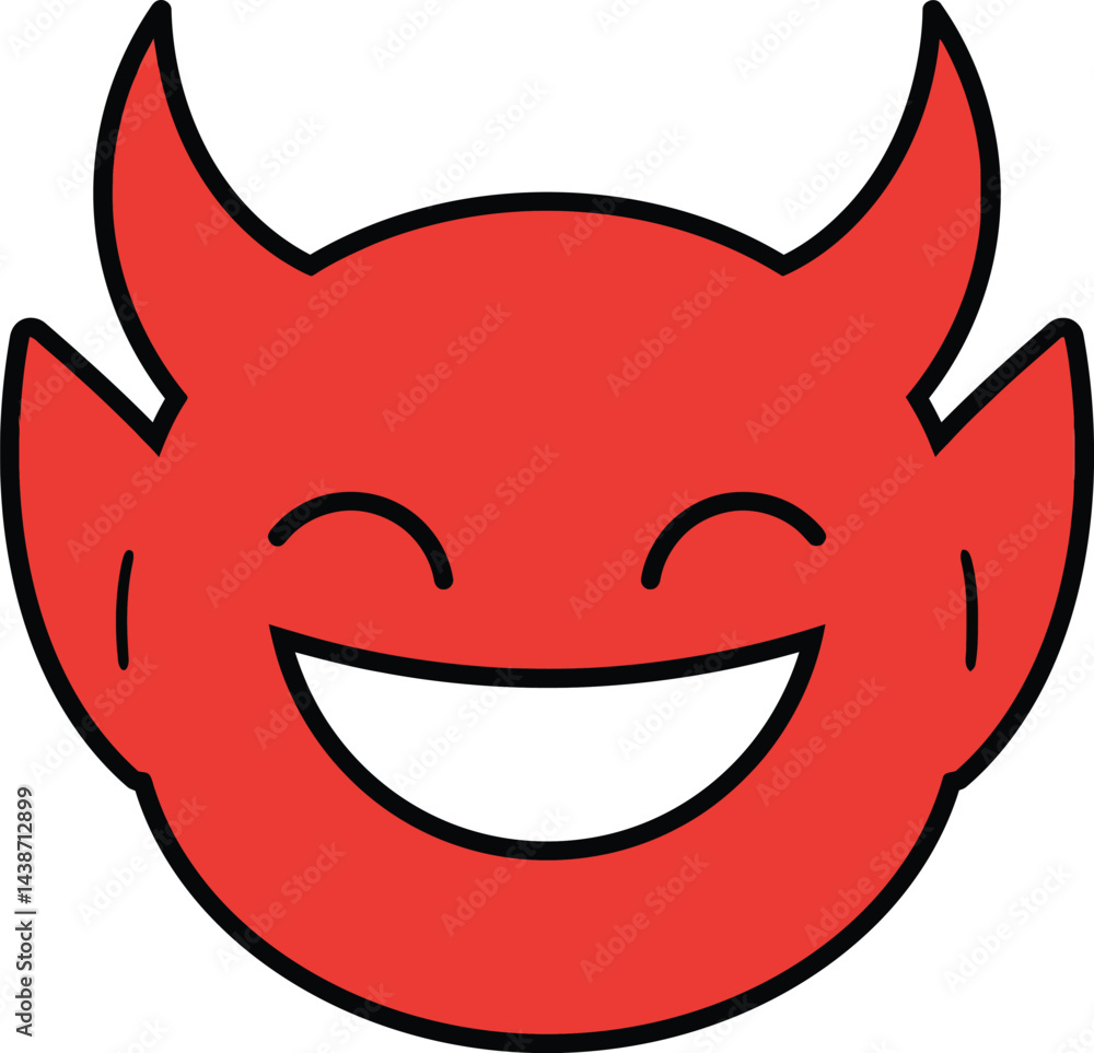 Devil face emoji smiling with horns and happy expression in red color vector illustration Devil face emoji smiling with horns and happy expression in red color vector illustration