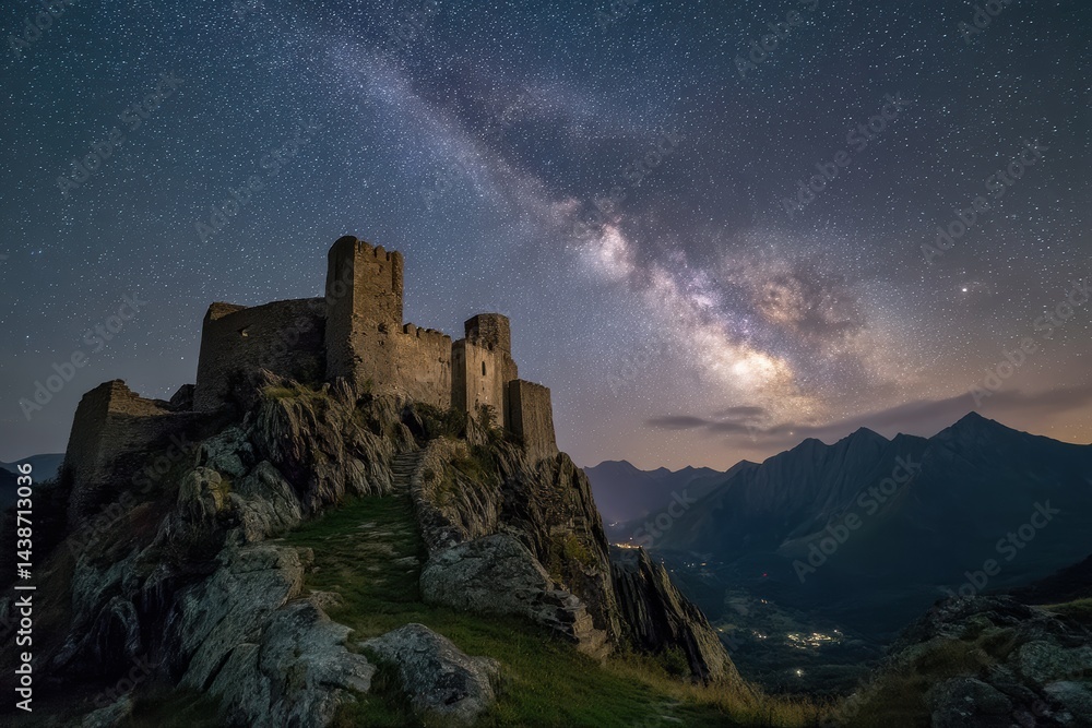 Battle-worn fortress on a mountain peak under a swirling starry sky with cosmic clouds above Battle-worn fortress on a mountain peak under a swirling starry sky with cosmic clouds above