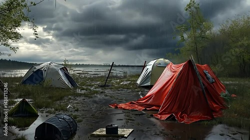 Stormy Camping Scene: Flooded Tents in Dramatic Landscape