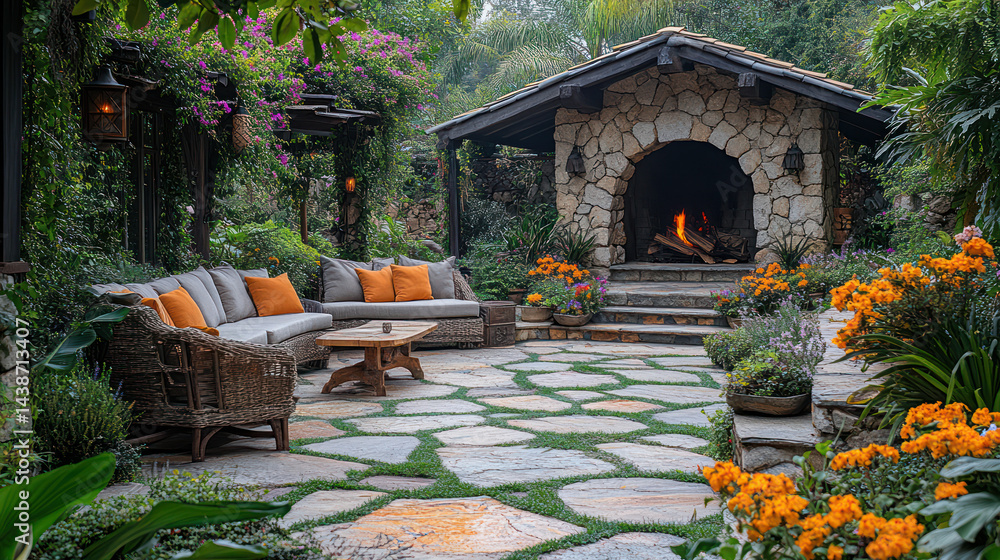 Obraz premium Serene Patio Garden Fireplace Design