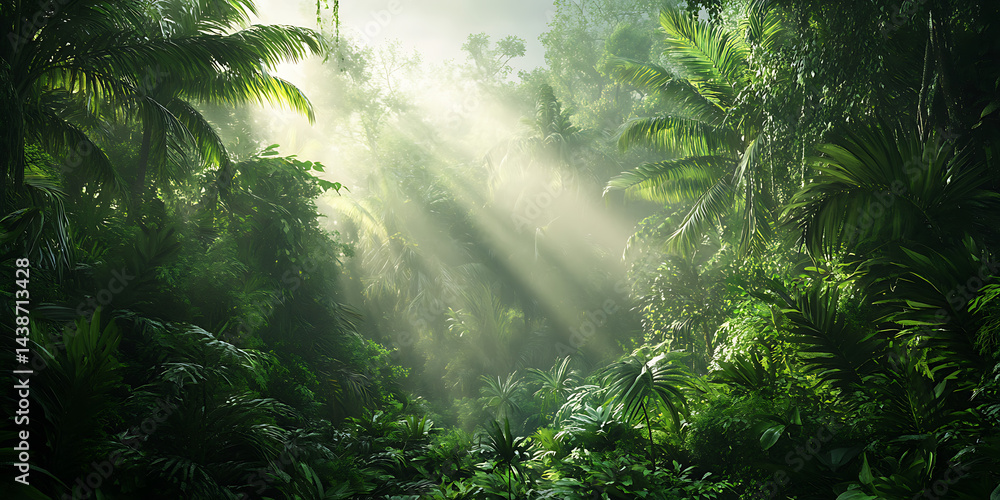 Sunlight shining through the dense foliage in a jungle