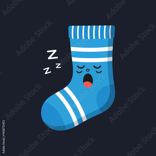 Blue striped sleeping sock cartoon character illustration with closed eyes and open mouth vector design 