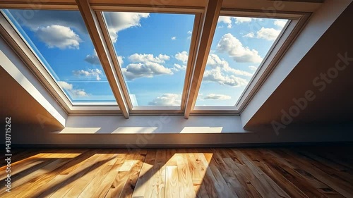 Sunlit Attic Room with Wooden Floor and Skylights