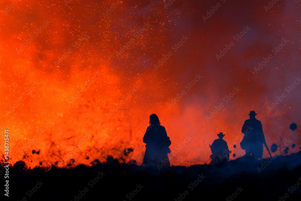 Silhouettes of three figures against a fiery orange background, sparks and smoke visible, conveying a sense of awe, danger, or a dramatic event Silhouettes of three figures against a fiery orange background, sparks and smoke visible, conveying a sense of awe, danger, or a dramatic event