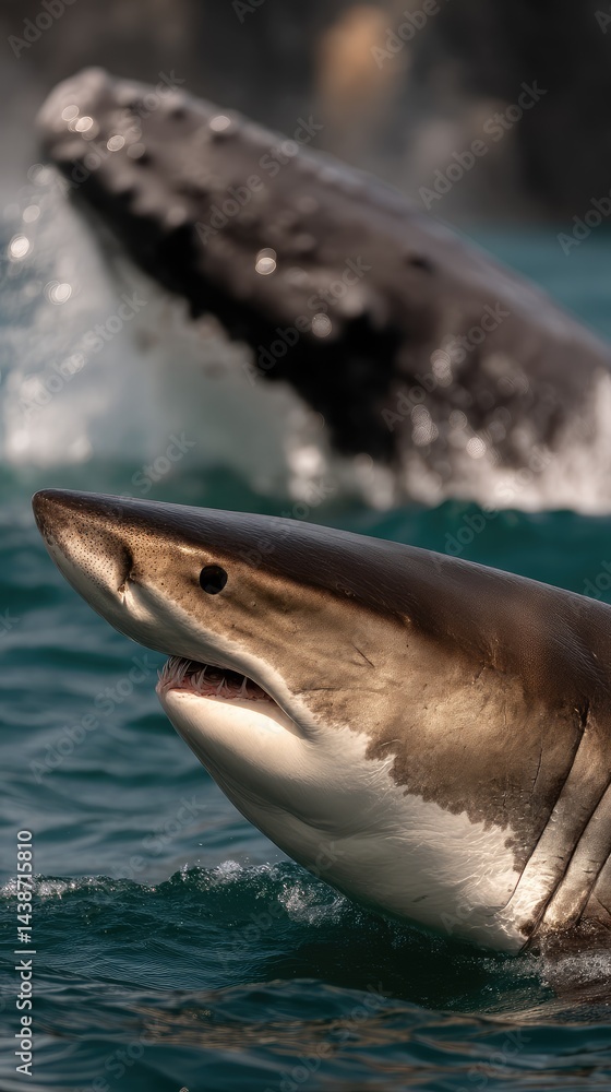Fototapeta premium Great white shark near humpback whale