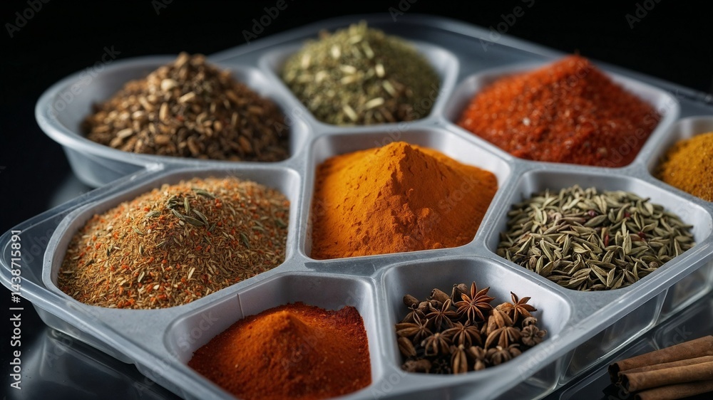 Photorealistic image of a plastic tray with spice packets Photorealistic image of a plastic tray with spice packets