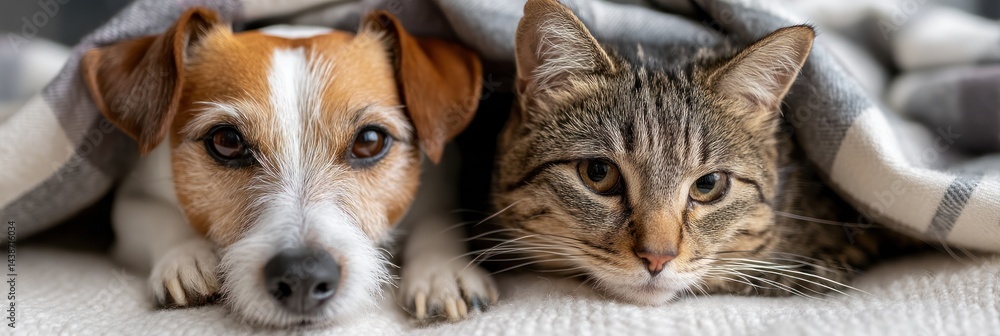 Fototapeta premium Cozy pets snuggled under a blanket