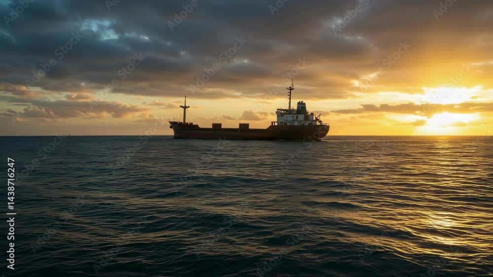 Bulk carrier ship sailing on sea at sunset with dramatic sky scene. Cargo vessel transporting goods on ocean motion video for international trade animation. Bulk carrier ship sailing on sea at sunset with dramatic sky scene. Cargo vessel transporting goods on ocean motion video for international trade animation.