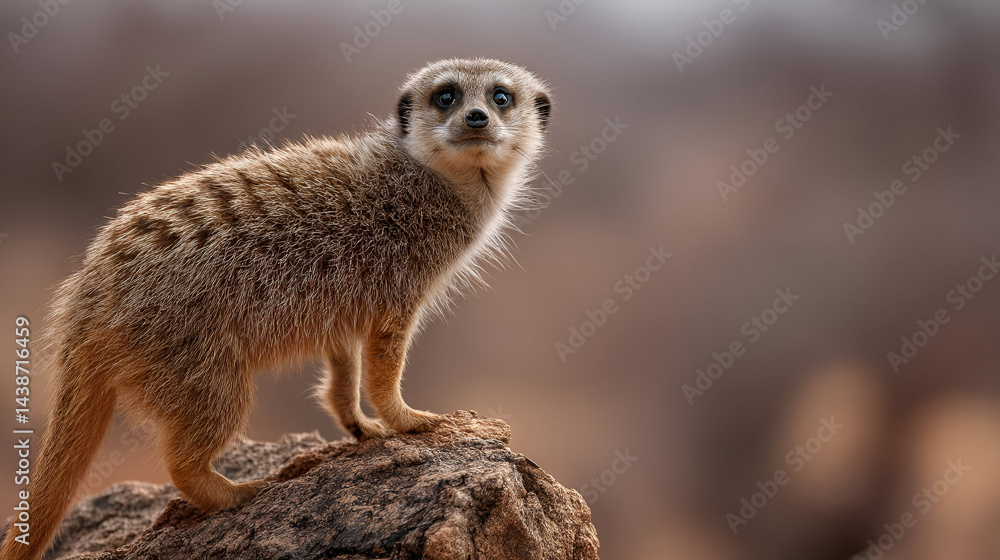 Fototapeta premium A meerkat standing on a high desert rock, its eyes focused on the horizon as a gust of wind sweeps the dry sand around it.