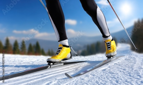 Cross-country skier glides on snowy trail