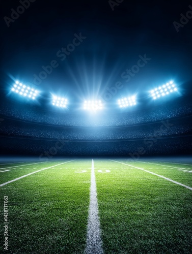 Night Football Stadium - Empty football stadium at night, illuminated by bright stadium lights. Ready for the big game
