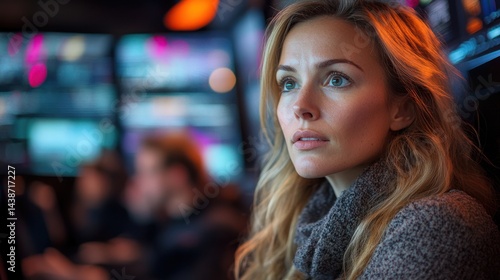 Wallpaper Mural Woman with long wavy hair in a bar looking thoughtfully into the distance. Torontodigital.ca