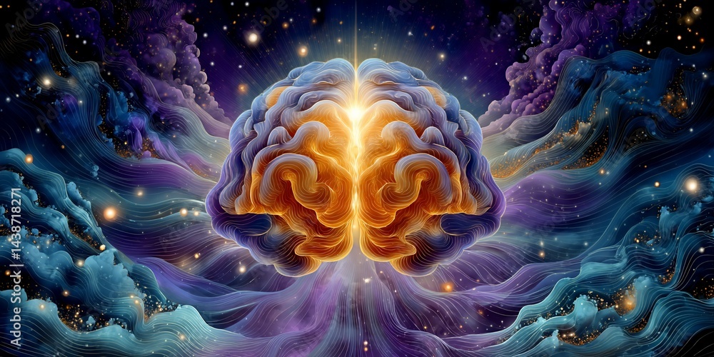 Obraz premium Radiant Mind Brain illuminating cosmic waves