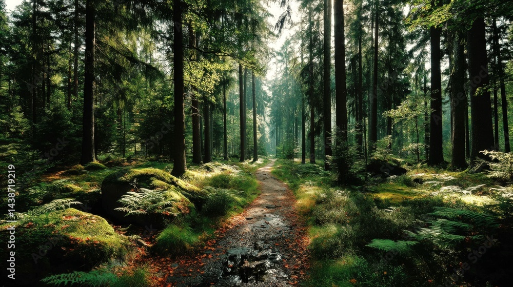 Obraz premium Exploring a tranquil pine forest trail with tall trunks and serene shadows in Scandinavia