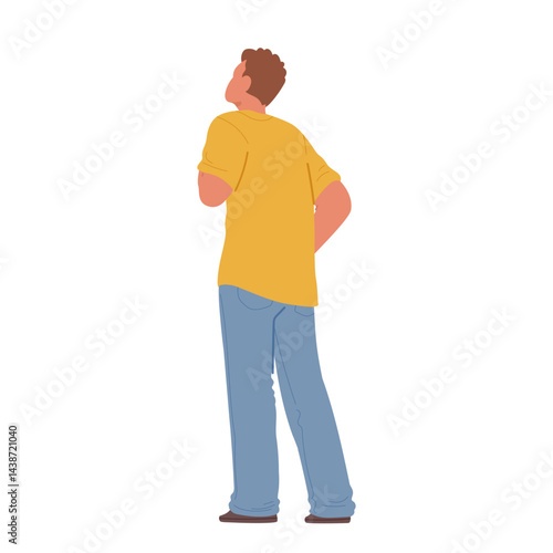 Young man cartoon character looking forward standing side back isolated on white background