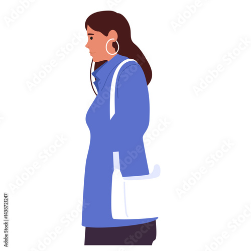 Elegant businesswoman cartoon character wearing autumn coat going at work isolated on white