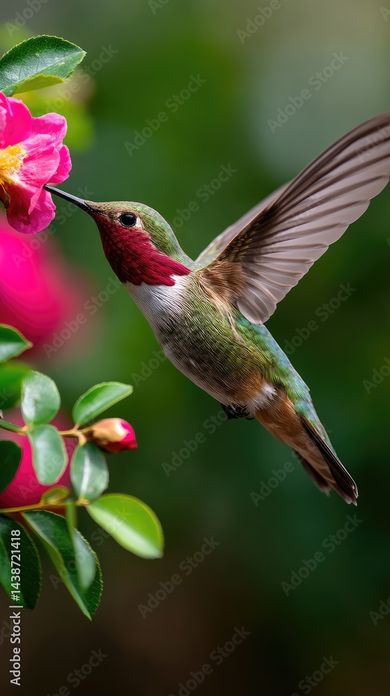 Fototapeta premium Hummingbird feeding on pink flower