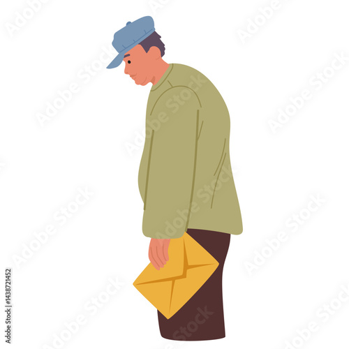 Upset pensive man courier cartoon character carrying paper post envelop isolated on white background