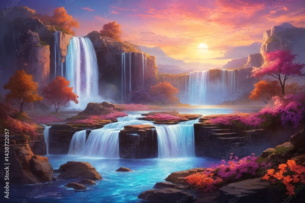 Fototapeta premium Sunset Waterfall Landscape Background, Enchanting Celestial Waterfall Wallpaper, Painting of a waterfall, Fantasy landscape with waterfall and sunset, Waterfall in the mountains, AI Generative