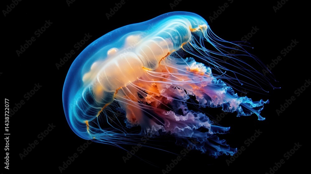 Jellyfish floats in dark water illuminated with blue orange and purple light. Jellyfish floats in dark water illuminated with blue orange and purple light.