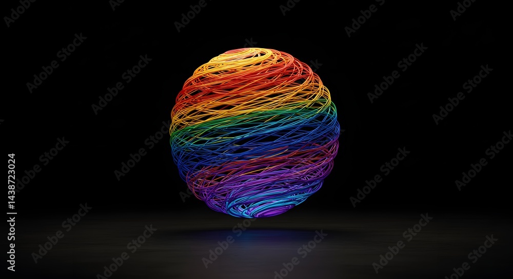 A colorful sphere made of intertwined strands against a dark background with subtle reflection below it A colorful sphere made of intertwined strands against a dark background with subtle reflection below it