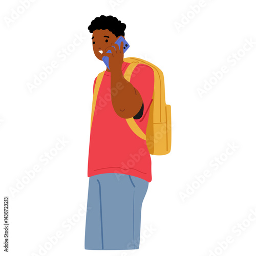 Teenage guy cartoon character talking by phone calling friend going to university isolated on white