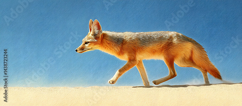 A sand fox moving across the desert, its graceful stride shown against a clear blue sky. Its fur blends with the sandy landscape, the warm sunlight emphasizing every detail of its form.