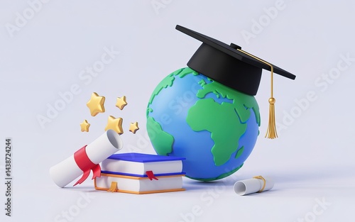 World Globe with Graduation Cap, Books and Certificate Scroll on Light Blue Background