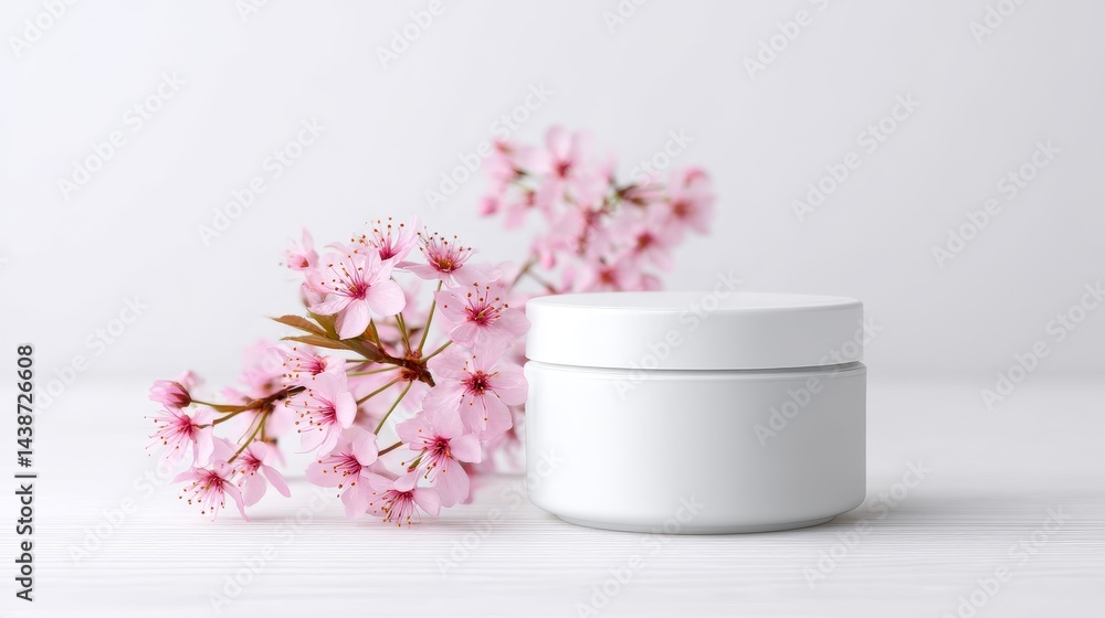 Spring Blossom Skincare Jar Mockup - Elegant white jar, delicate pink blossoms, minimalist design, beauty product, skincare concept Spring Blossom Skincare Jar Mockup - Elegant white jar, delicate pink blossoms, minimalist design, beauty product, skincare concept