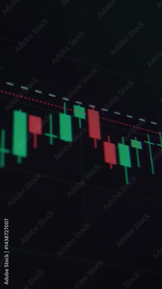Close up of stock and cryptocurrency market chart on a trading screen, showing red and green candlesticks fluctuation. Vertical video Close up of stock and cryptocurrency market chart on a trading screen, showing red and green candlesticks fluctuation. Vertical video