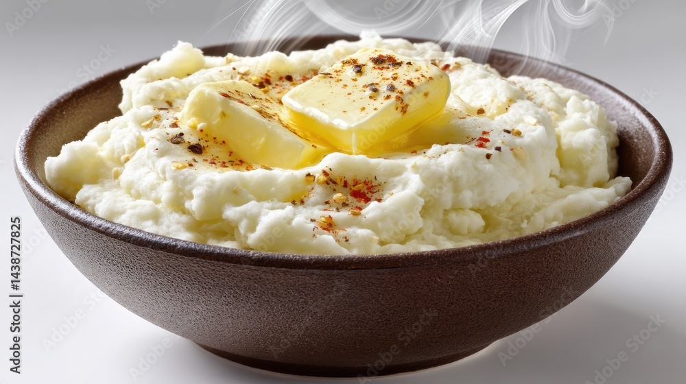 a steaming bowl of creamy mashed potatoes with a dollop of butter on top on a white isolated background, comforting and smooth design a steaming bowl of creamy mashed potatoes with a dollop of butter on top on a white isolated background, comforting and smooth design