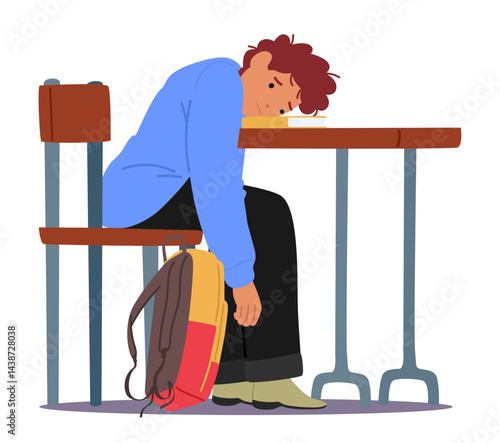 Lazy bored schoolboy sitting at desk leaning head on book feeling sleepy and tired isolated on white