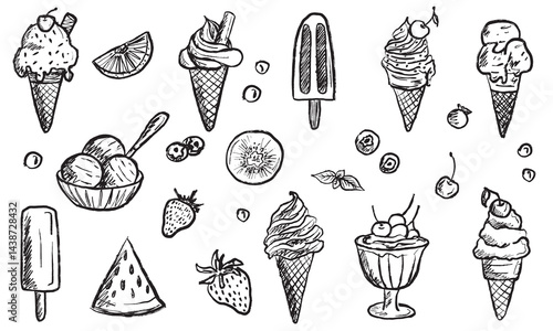 Ice cream with fruits, cherries and popsicles in black brush stroke texture isolated on white. Hand drawn vector sketch illustration in vintage charcoal ink. Summertime, food, strawberry, watermelon