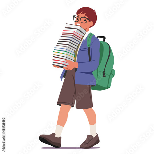 Smart nerd boy student cartoon character walking with books stack in hands isolated on white