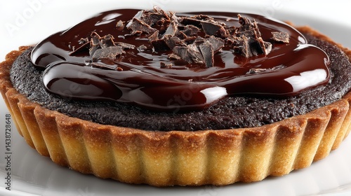 a close-up of a deliciously rich chocolate tart with a glossy ganache on a white isolated background, decadent and smooth design