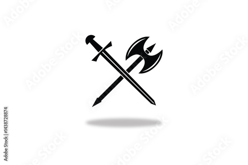 Black crossed sword and axe silhouette icon representing medieval battle weapons and fantasy combat.