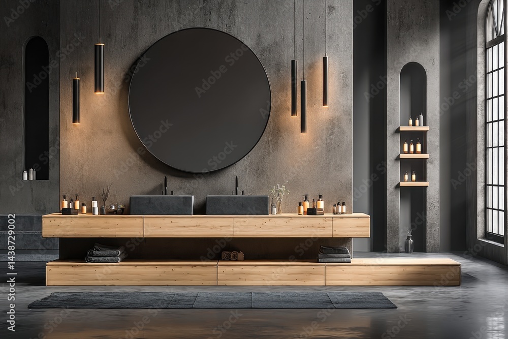 A modern bathroom with a round mirror, wooden vanity, and dark gray walls, featuring minimalist design and ambient lighting, creating a spa-like atmosphere. A modern bathroom with a round mirror, wooden vanity, and dark gray walls, featuring minimalist design and ambient lighting, creating a spa-like atmosphere.