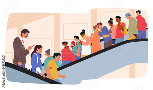 Diverse people crowd of shopping mall customers cartoon characters descending escalator indoors