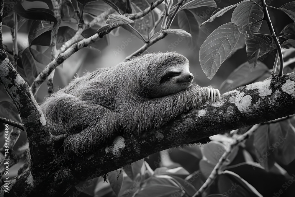 Fototapeta premium A sloth resting contently on a high tree branch, its body at peace as the jungle's sounds fill the air, leaves softly rustling around it.